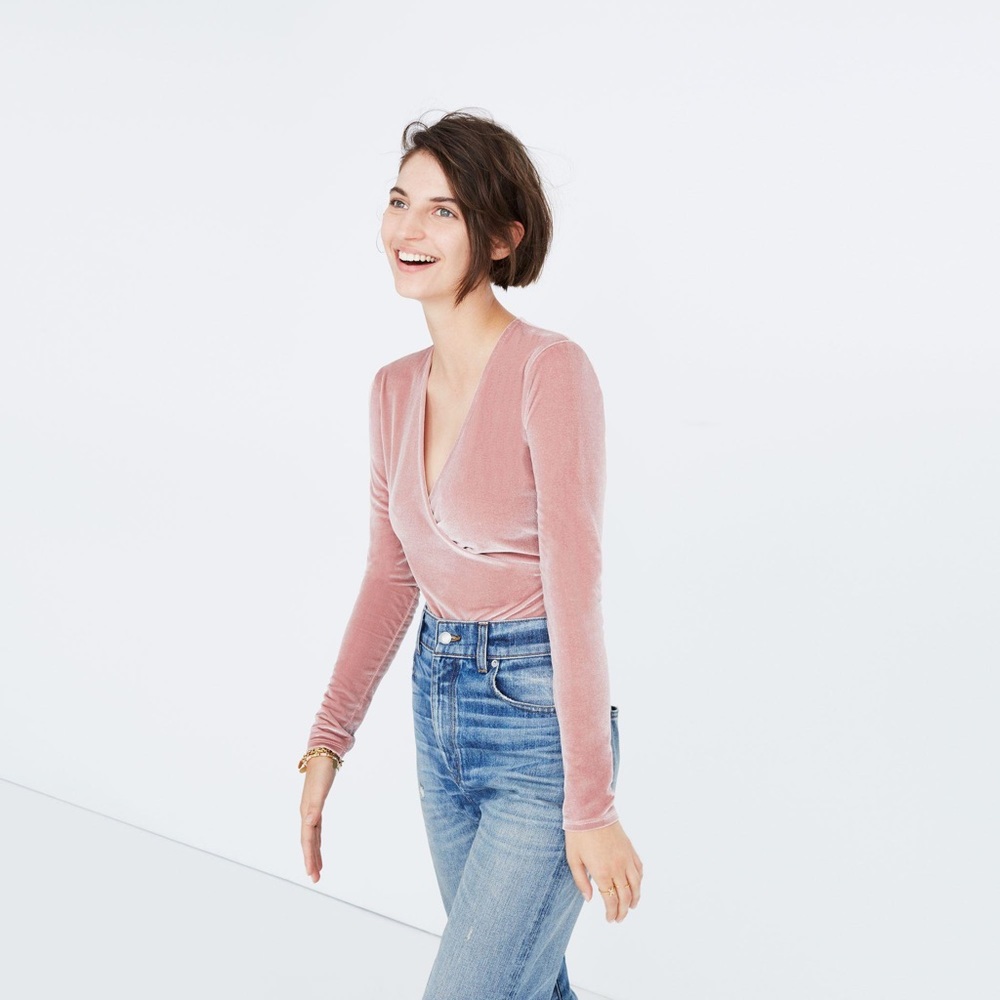 Madewell Pink Velvet Long Sleeve Bodysuit